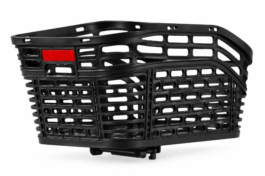 Black rear cargo basket with red reflector