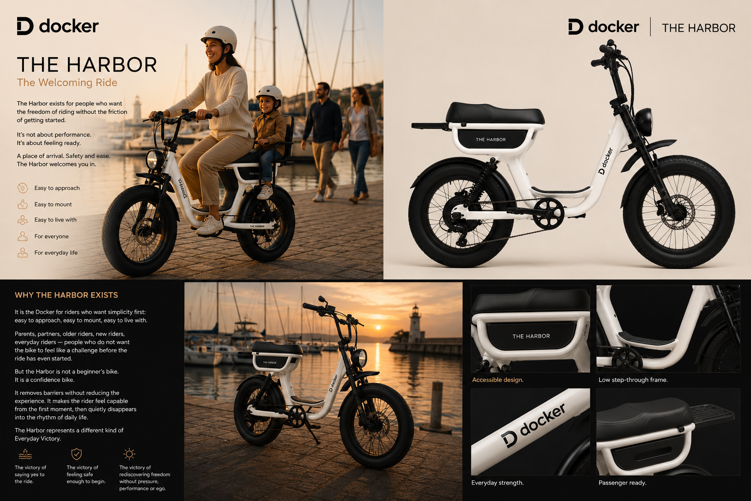 Brand preview — The Harbor, step-through direction (not final marketing photography)