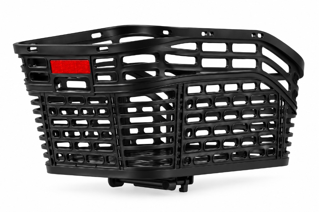 Black rear cargo basket with red reflector